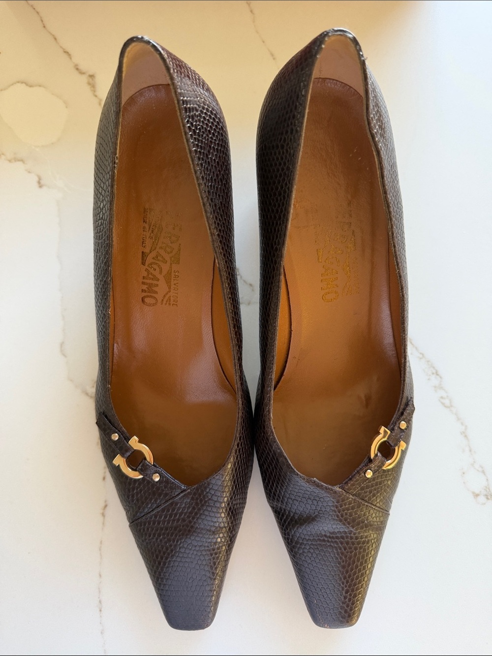 Salvatore Ferragamo Dark Brown Lizard-Effect Pointed-Toe Pumps with Gold Accent